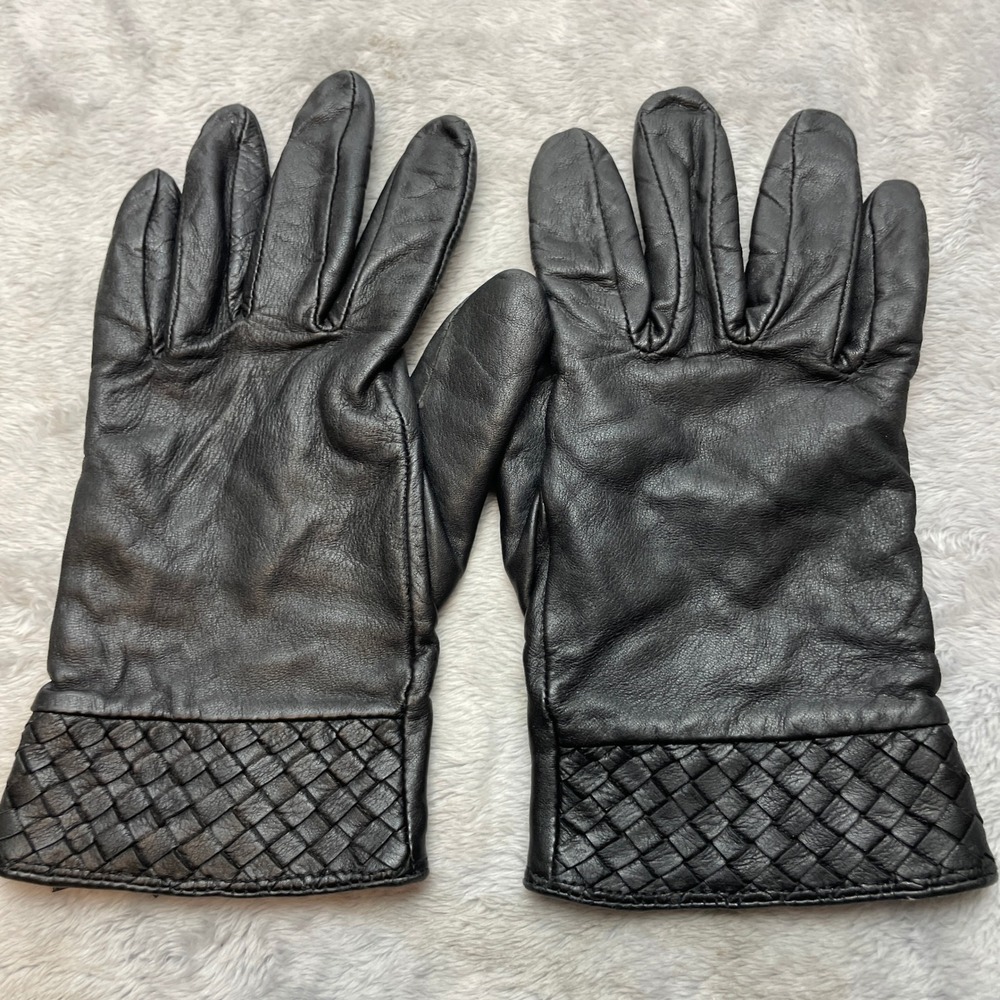 Willi Smith Womens Cashmere Lined Leather Gloves Size M Black Woven Cuff